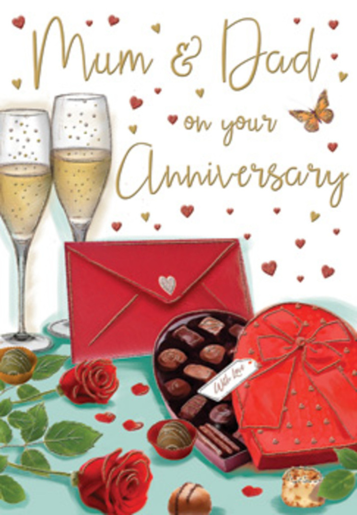 Lushly detailed anniversary card illustration portraying a table laid out for a heartfelt celebration, as if captured in a Reigate dining room after a special delivery has arrived. In the centre of the scene, a pair of tall champagne flutes rise gracefully from the surface, filled almost to the brim with sparkling champagne. The bubbles form delicate streams, rising through the pale amber liquid and catching the light like tiny stars, evoking the excitement of a private toast for Mum & Dad. To one side, a striking heart-shaped chocolate box in a bold, romantic red takes pride of place. Its lid is opened just enough to show neat rows of chocolates inside, each truffle carefully nestled in its own little compartment, promising rich, shared indulgence after an evening stroll through Priory Park. A sumptuous red bow wraps around the box, the satin folds soft and slightly textured, recalling the feel of ribbon a florist might tie around a hand-tied bouquet. In front, two luxurious red roses rest on the table, their petals plush, layered, and deeply coloured, offset by fresh green foliage that gives the composition a natural, florist-styled balance. Scattered across the background are painted hearts in gold and crimson, gently framing affectionate wording and adding a festive, yet tender, atmosphere. A scarlet envelope lies nearby, its pointed flap sealed, suggesting a handwritten message filled with gratitude and memories of life lived together in streets around the High Street and Station Road. The whole card glows with a soft, ambient light, blending glass reflections, chocolate shine, and velvety blooms into one inviting vision of enduring love.
