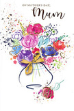 This Mother's Day card shows a joyful, watercolour bouquet bursting from the centre of a clean white background, like a fresh arrangement waiting to be carried home through Reigate's High Street. The flowers are painted with loose, confident strokes: lush blooms in purples, pinks, and radiant reds form the heart of the design, each petal edged with hints of deep indigo that gently define their shapes. Softer blues and lilacs weave between the brighter tones, bringing a calming coolness that feels like spring air drifting over Priory Park. Fine touches of gold shimmer around the petals and leaves, highlighting their curves and adding a sense of quiet luxury, as though sunlight were glancing off a polished vase on a windowsill. The stems gather into a simple, rounded vase at the bottom of the image, rendered in pale washes of colour and finished with an elegant golden bow that suggests the crinkle of real ribbon on a hand-tied bouquet. All around the central arrangement, scattered flecks of paint, tiny hearts, and soft splashes of colour float in the white space, echoing the joy of giving and receiving flowers on Mother's Day. The overall composition feels airy yet heartfelt, like a visual hug captured on card, perfect for pairing with fresh blooms delivered locally to Reigate homes, from leafy residential streets to the quieter lanes just beyond the town centre.