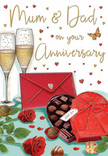Atmospheric anniversary card illustration that feels like a lovingly prepared Reigate celebration for long-married parents. The scene focuses on a small tabletop arrangement where romance and comfort come together. Two slender champagne flutes stand side by side, filled with light golden champagne whose bubbles seem to dance upward, as if ready for a clink of glasses at the end of a family meal. Their clear glass reflects soft, warm light, reminiscent of a cosy evening in a home just off Bell Street. Nearby, a heart-shaped box of chocolates commands attention, its deep red casing and generously tied satin bow exuding old-fashioned indulgence. The lid is propped open, revealing an assortment of perfectly formed truffles, each nestled like a miniature treasure. Resting beside the box are two rich red roses, their velvety petals opening fully, layered and lush, paired with small sprays of greenery that echo the care a local florist would take when preparing an anniversary bouquet. Around the central motifs, delicate gold and crimson hearts float across the card, circling the affectionate greeting to Mum & Dad and filling the background with a sense of celebration. A bold scarlet envelope is positioned in the foreground, neatly sealed, hinting at handwritten words full of gratitude and shared stories, perhaps sent along with flowers ordered from Flower Delivery Reigate for same-day delivery across the town. The overall mood is gentle and heartfelt, blending the textures of glass, ribbon, chocolate, and rose petals into one evocative scene that honours the quiet luxury of a long life shared together.